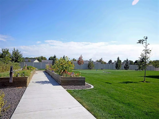 A serene park pathway bordered by lush green grass and garden beds under a clear blue sky.