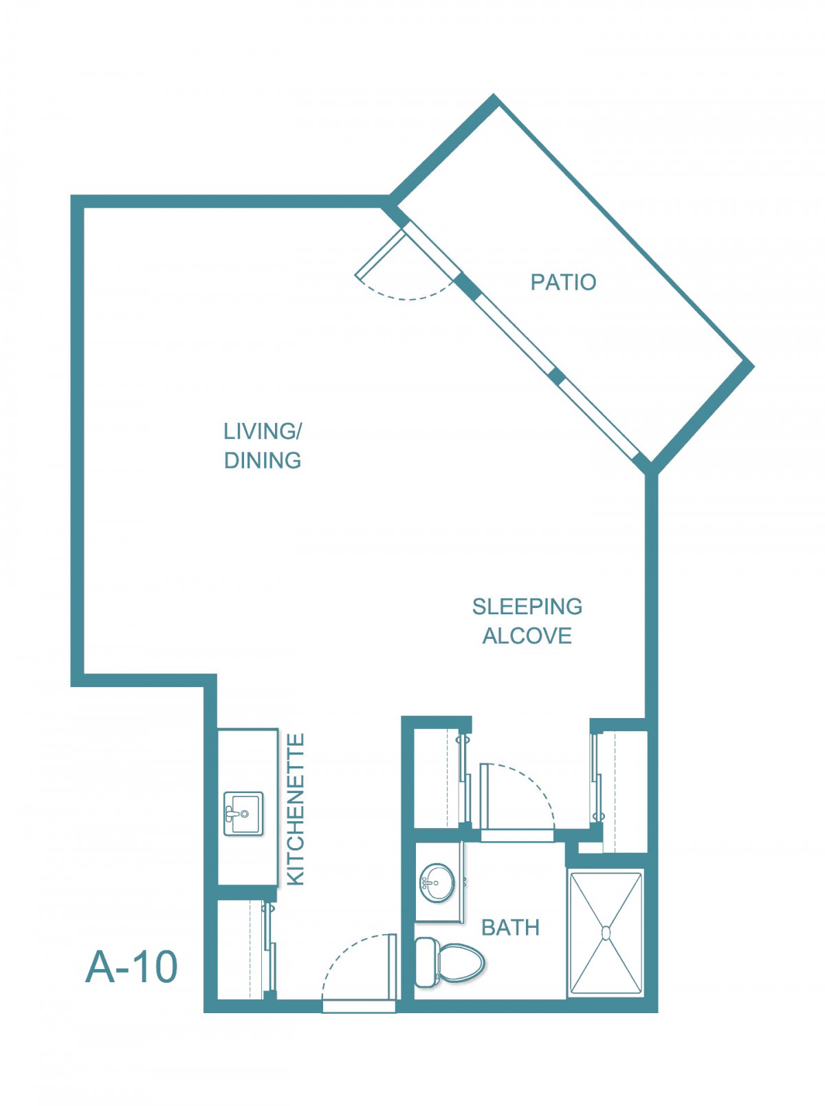 A simple floor plan of an apartment featuring a living area, bathroom, kitchen, sleeping alcove, and patio.
