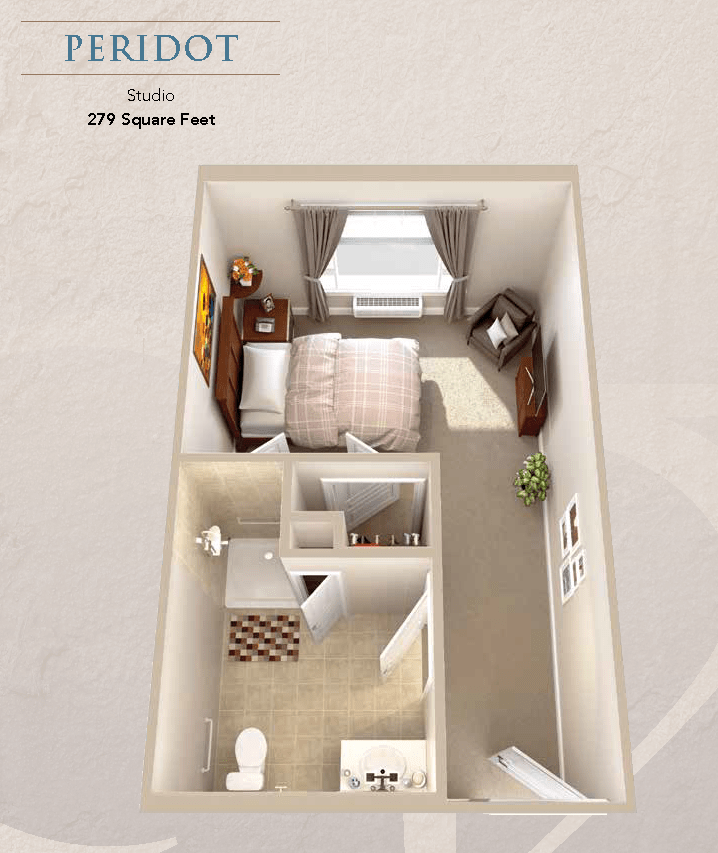 3D floor plan of a compact studio apartment with efficient use of space.