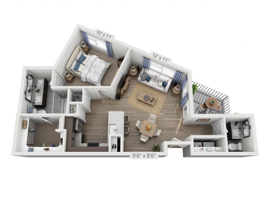3D floor plan of a modern apartment with one bedroom, living area, kitchen, and balcony.