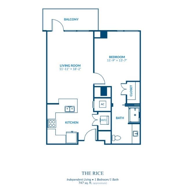 A floor plan of a one-bedroom apartment featuring a living room, kitchen, bathroom, and balcony.
