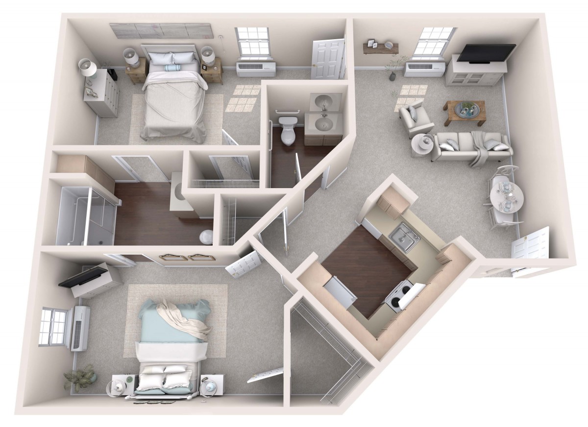 A 3D floor plan of a two-bedroom apartment with a kitchen, living room, and bathroom.