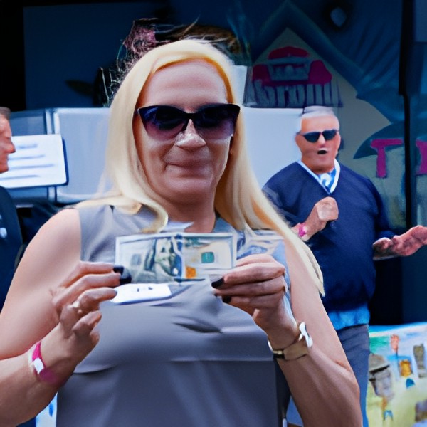 A woman holding a hundred-dollar bill while wearing sunglasses at an outdoor event.