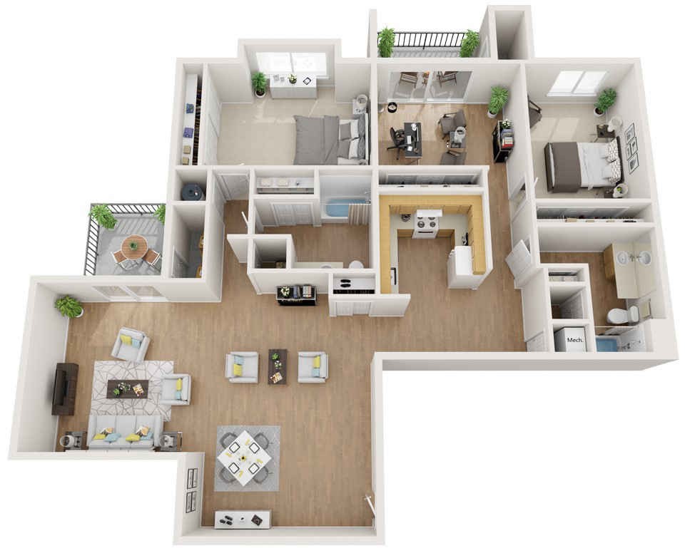 A 3D rendered floor plan of a residential apartment showcasing various rooms and furniture arrangement.