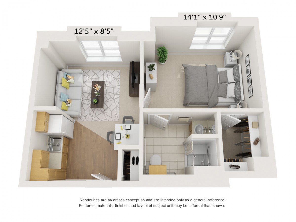 A 3D floor plan of a one-bedroom apartment showcasing furniture arrangement and room dimensions.