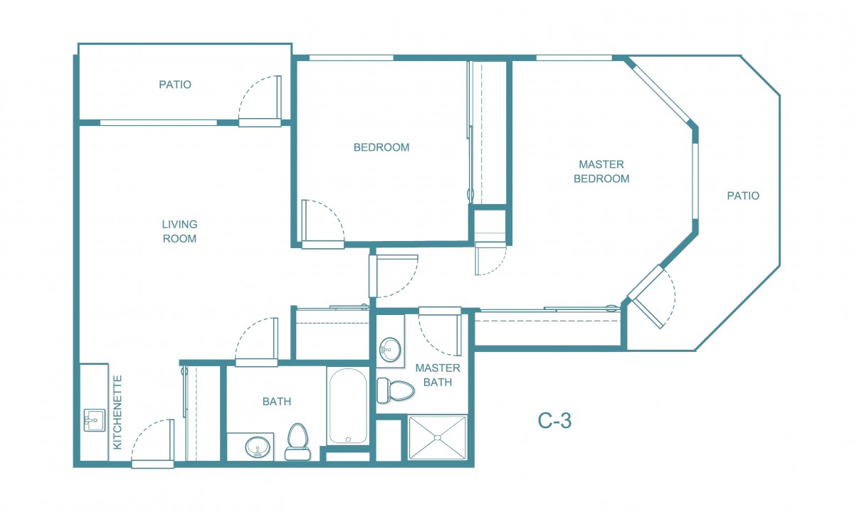 A detailed floor plan of an apartment, showcasing the layout including bedrooms, bathrooms, and living areas.