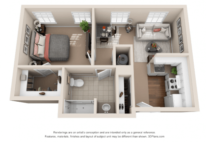 This image shows a 3D floor plan of a one-bedroom apartment, featuring a bedroom, bathroom, kitchen, and living area.