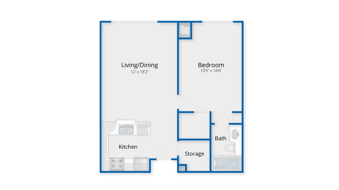 A simple one-bedroom apartment floor plan featuring a living/dining area, kitchen, bathroom, storage space, and bedroom.