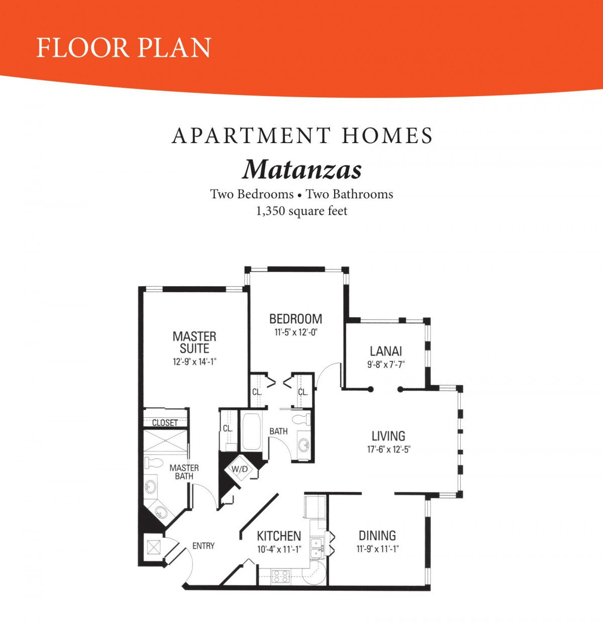 Floor plan of a two-bedroom, one-bathroom apartment named 'Matanzas' with detailed room layouts.