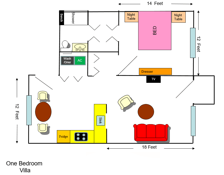 A floor plan illustrating the layout of a one-bedroom villa including labeled areas for the kitchen, living room, and bedroom.