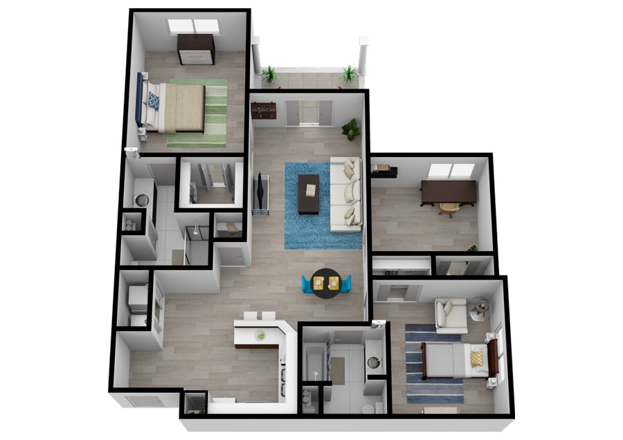 A 3D floor plan of an apartment featuring two bedrooms, a living room, kitchen, and bathroom.