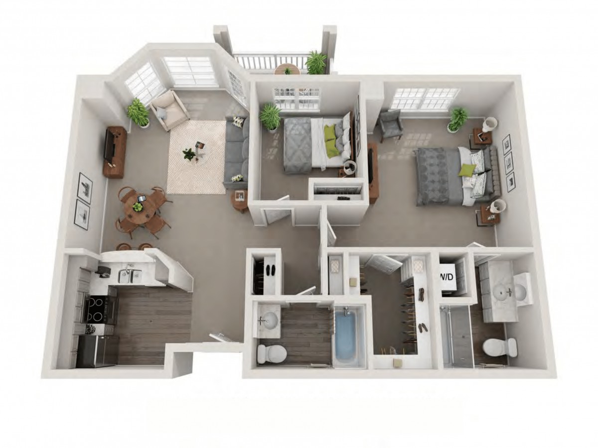 A 3D floor plan of a two-bedroom apartment featuring a living room, kitchen, bathroom, and balcony.