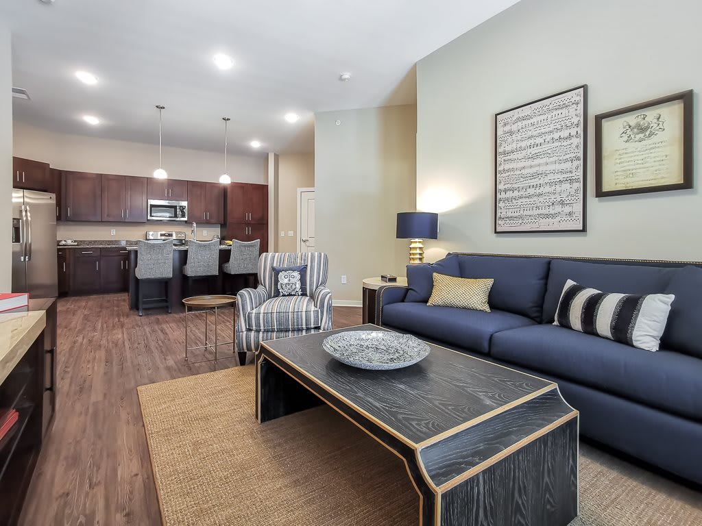 Modern open-concept living room and kitchen with stylish furniture and decor.