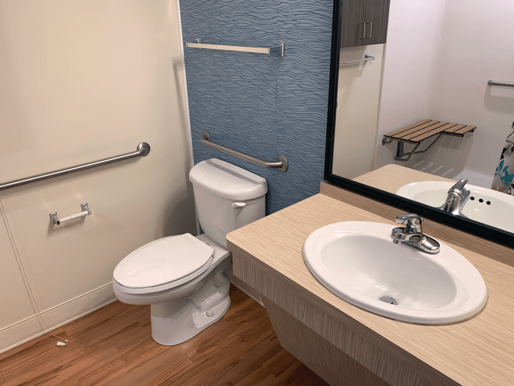 An accessible bathroom with grab bars, a toilet, sink, and mirror.