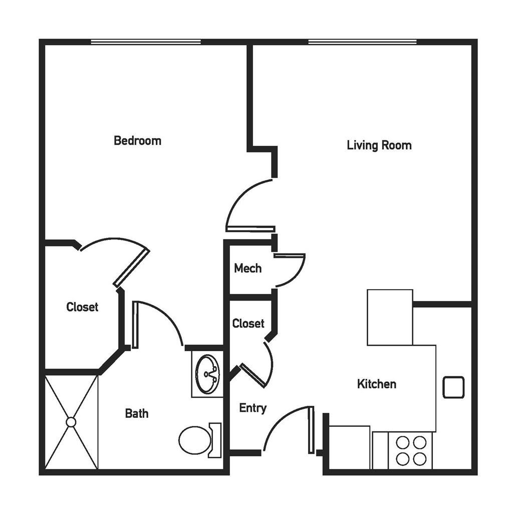 A floor plan of a one-bedroom apartment including a living room, kitchen, bathroom, and closets.