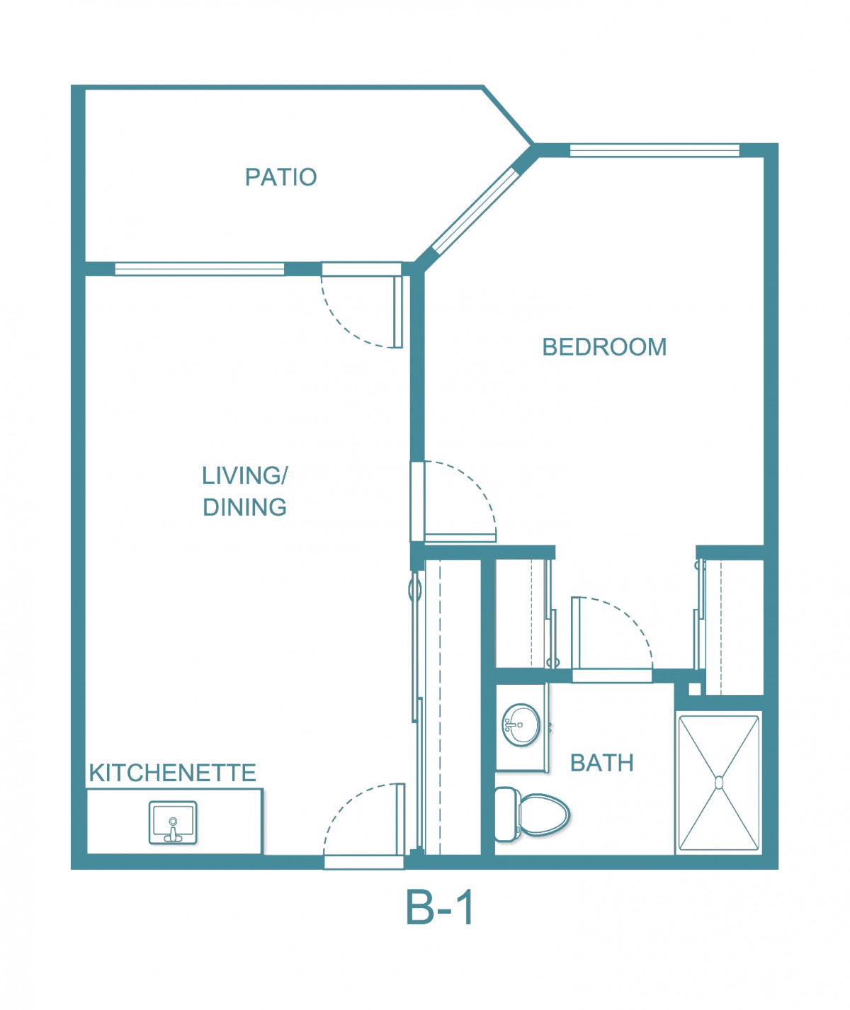 A floor plan of a one-bedroom apartment featuring a living/dining area, kitchenette, bathroom, and patio.