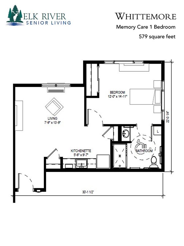 A detailed floor plan of a 579 square foot apartment featuring one bedroom, a living room, kitchen, and bathroom.