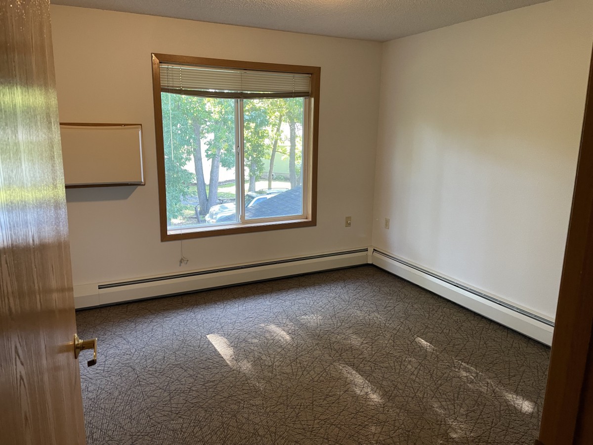 An empty room with a large window, carpeted floor, and some sunlight streaming in.