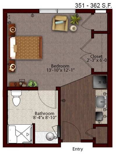 A floor plan of an apartment featuring a bedroom, bathroom, and kitchen area.