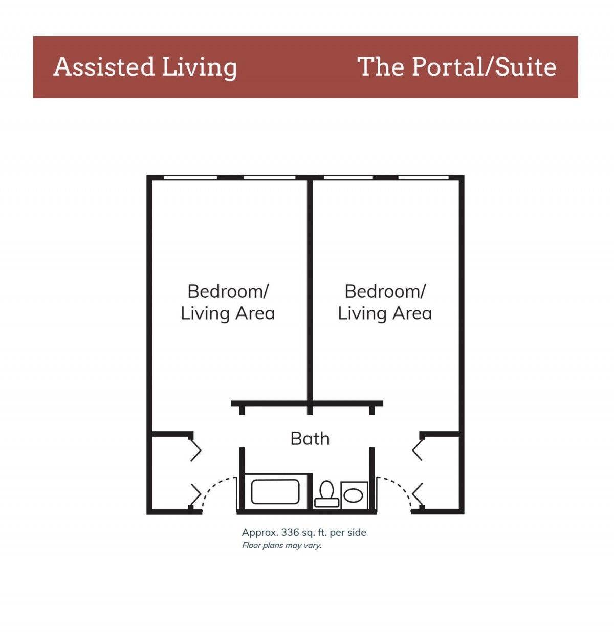 Floor plan layout of an assisted living portal suite featuring two living areas and a shared bathroom.