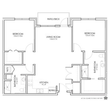 A detailed floor plan of a two-bedroom apartment, showing the arrangement of rooms and facilities.