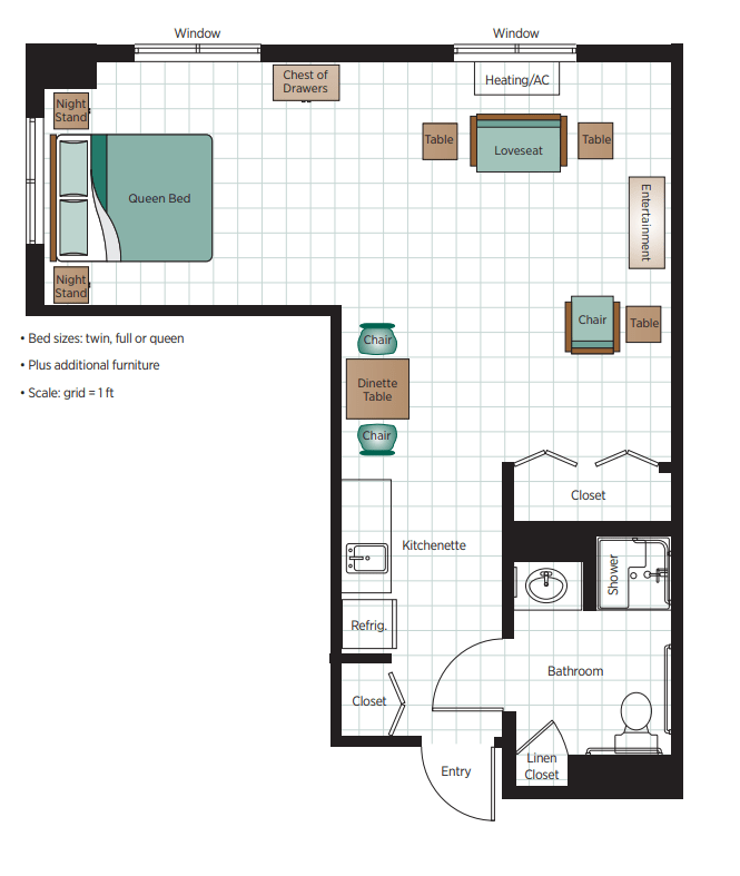 One-bedroom apartment floor plan with labeled furniture and room areas.
