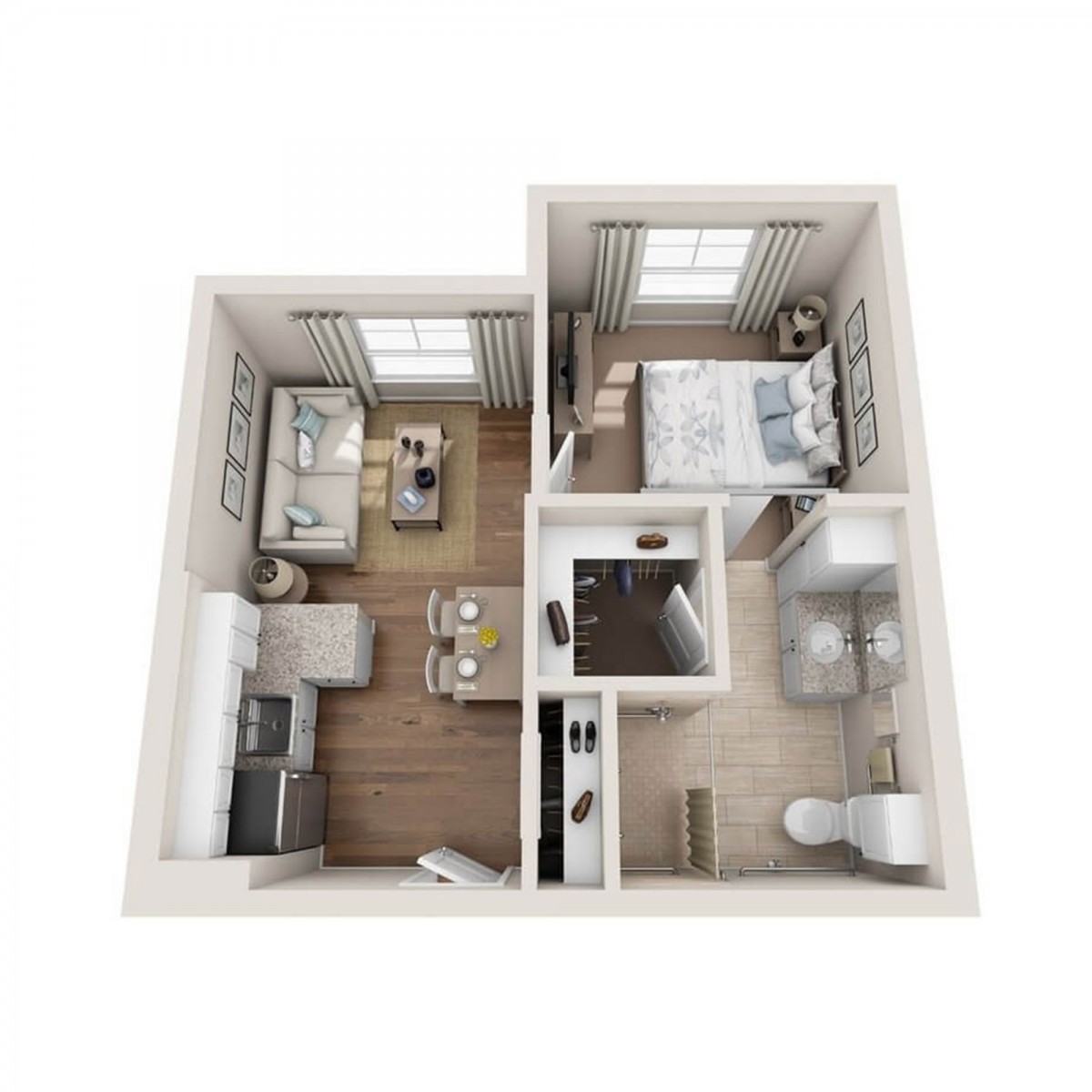 A 3D floor plan of a one-bedroom apartment, showcasing an open living area, kitchen, bathroom, and bedroom.
