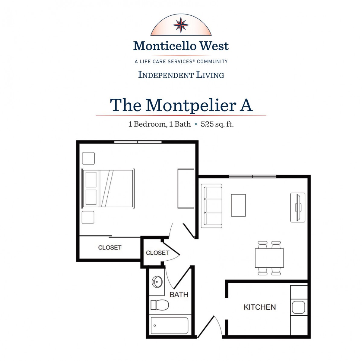 Floor plan of The Montpelier A, a one-bedroom apartment at Monticello West.