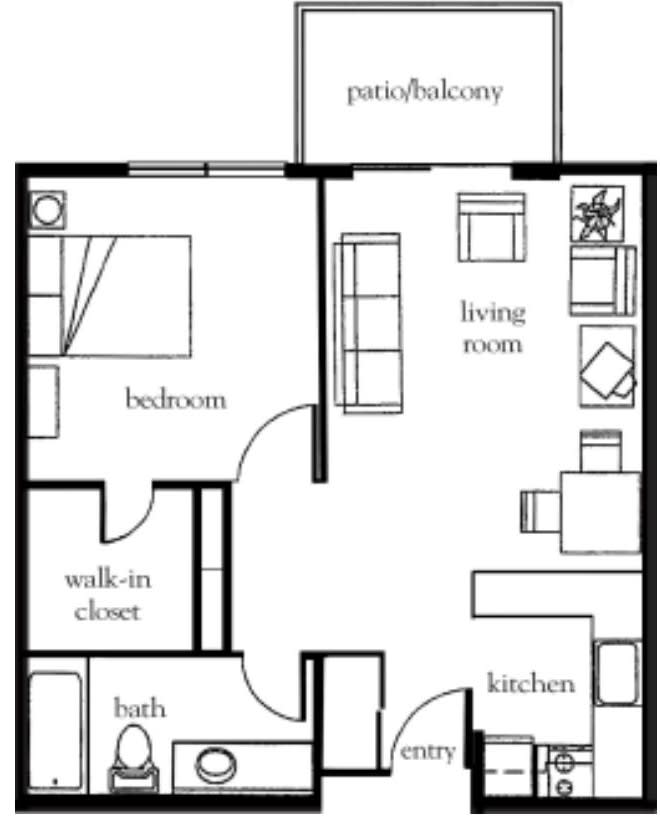 A floor plan of a one-bedroom apartment featuring a living room, kitchen, bathroom, walk-in closet, and patio.