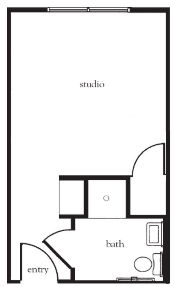 A simple floor plan of a studio apartment with a bathroom.