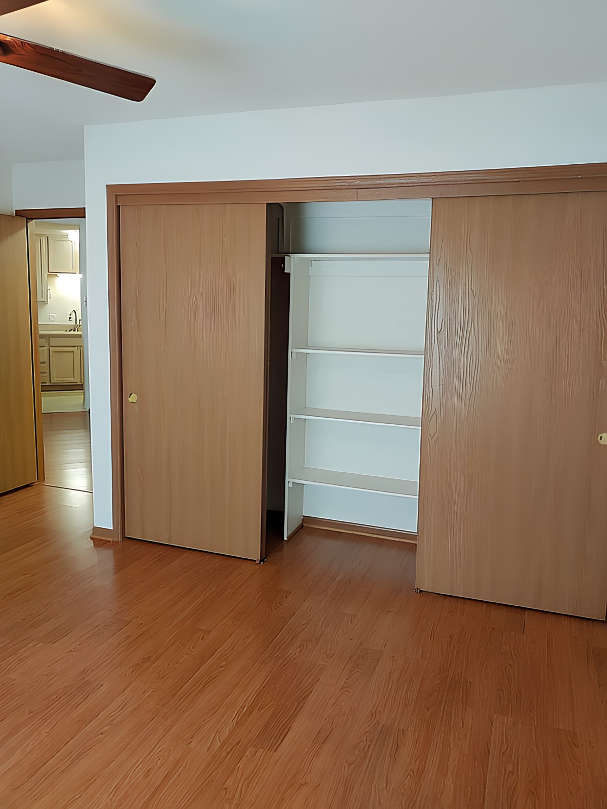 An empty room with a wooden floor and an open closet with shelves.