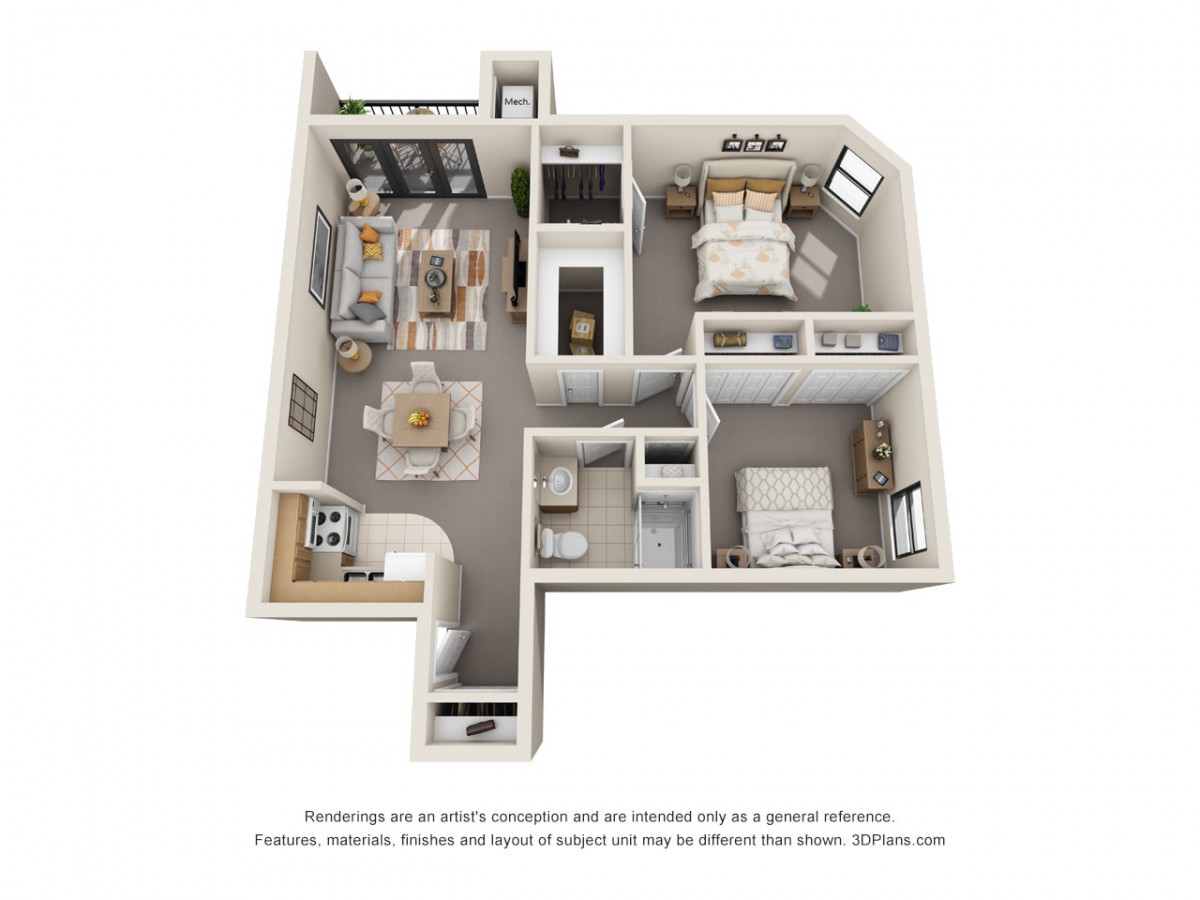 A 3D floor plan of a one-bedroom apartment featuring an open living area, kitchen, bathroom, and a cozy bedroom.