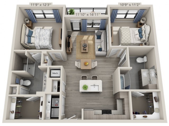 A detailed floor plan of a two-bedroom apartment layout featuring a living room, kitchen, and bathroom.