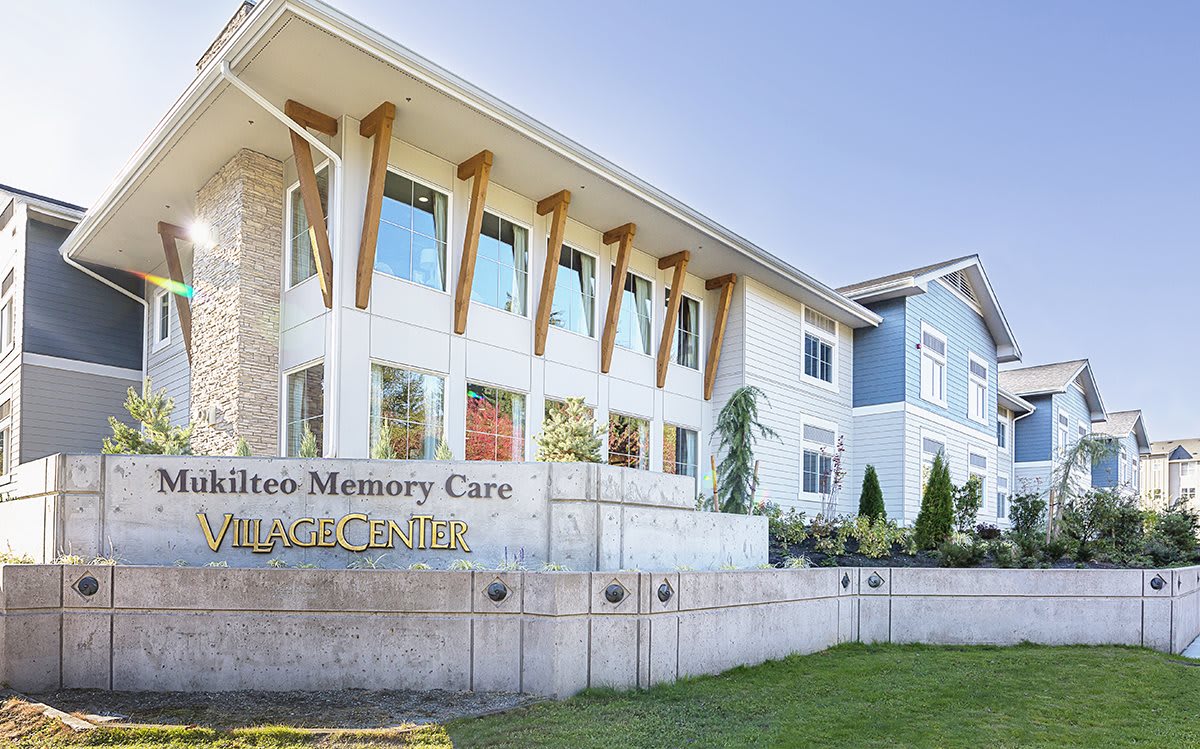 A modern memory care facility with contemporary architecture.