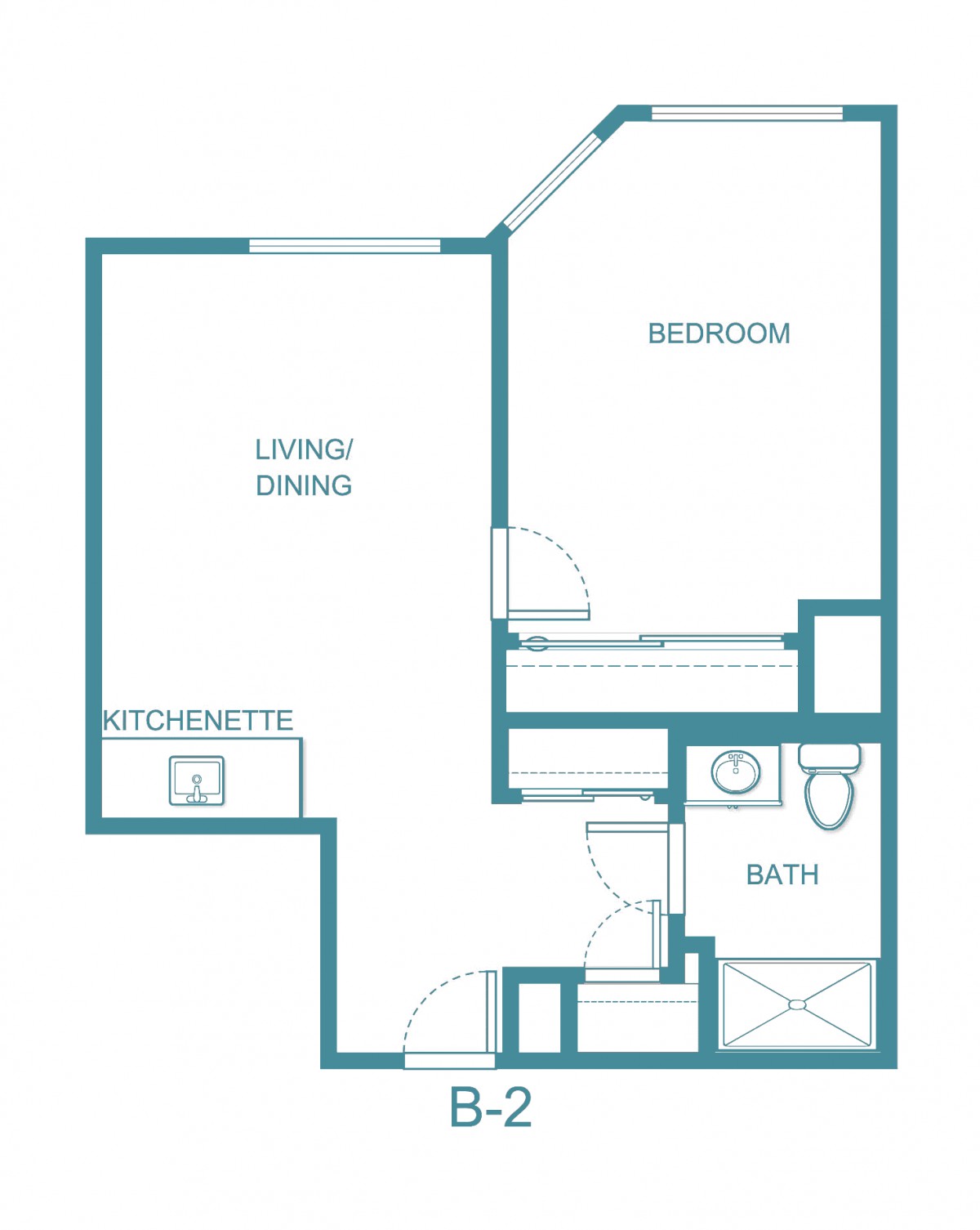 Studio apartment floor plan with a living/dining area, kitchenette, bedroom, and bathroom.