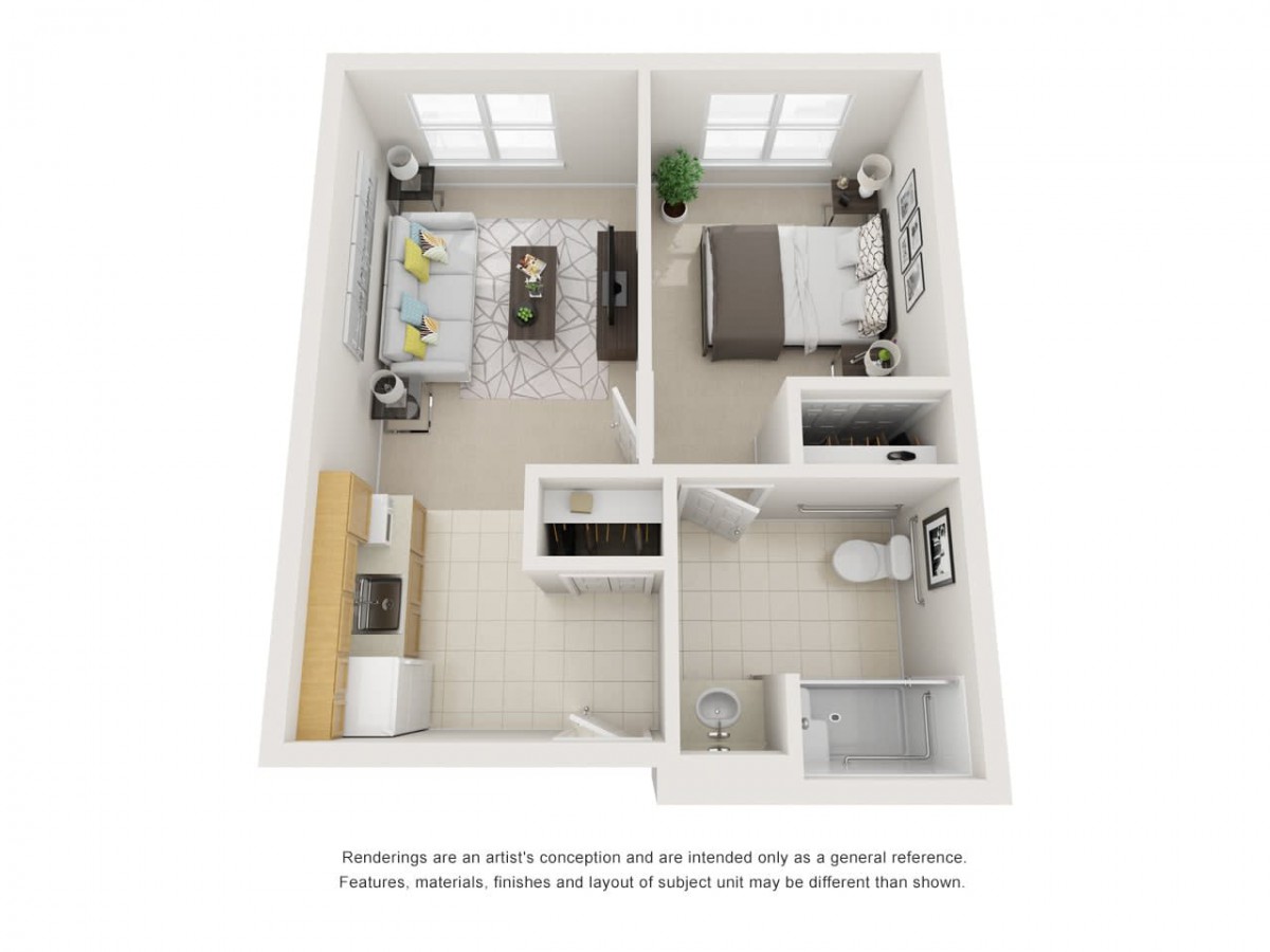 A 3D floor plan of a one-bedroom apartment including living area, kitchen, bathroom, and closet.