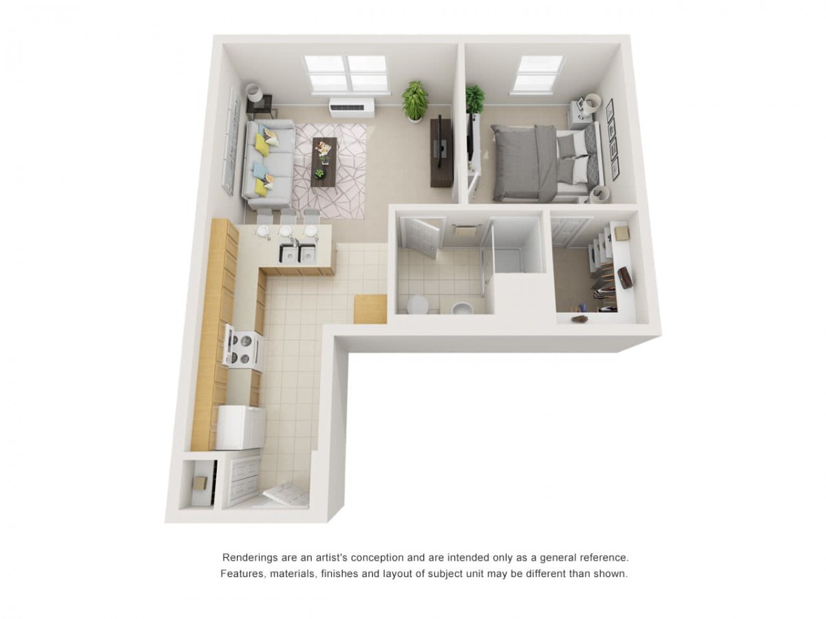 3D floor plan of a one-bedroom apartment with kitchen, bathroom, and living area.