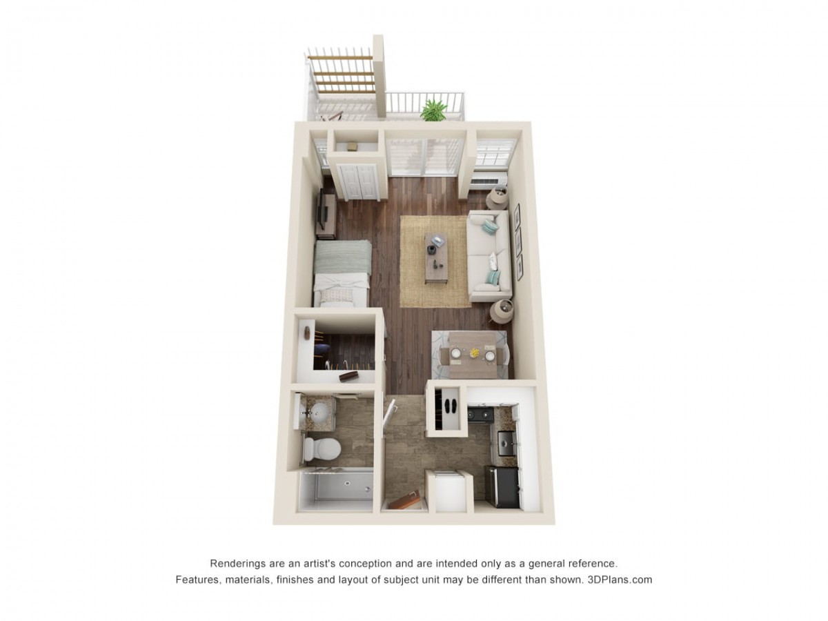 3D rendered floor plan of a one-bedroom apartment featuring a kitchen, living room, and bathroom.
