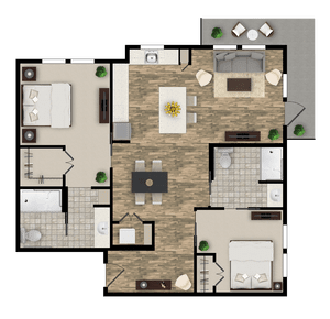 A detailed floor plan of a modern two-bedroom apartment featuring a spacious living area, kitchen, and bathrooms.