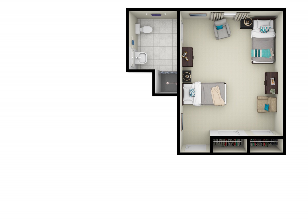 A top-view floor plan of a compact living space, featuring a bedroom and an adjacent bathroom.