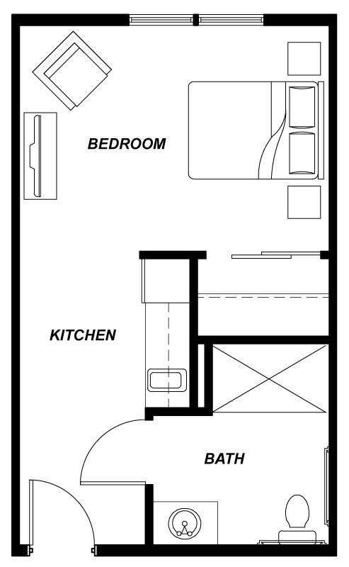 A simple floor plan showing the layout of a small apartment with designated areas for a bedroom, kitchen, and bathroom.