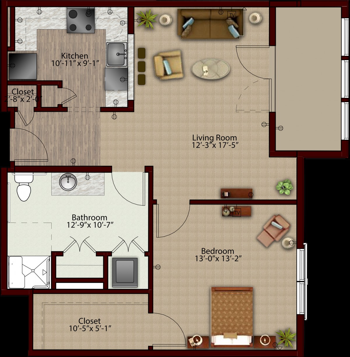 A detailed floor plan of a one-bedroom apartment, showing the layout of rooms including a kitchen, living room, bedroom, and bathroom.