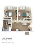 A 3D floor plan of a two-bedroom apartment featuring a central living area, kitchen, and bathroom.