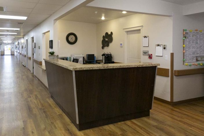 Reception desk in an office lobby.