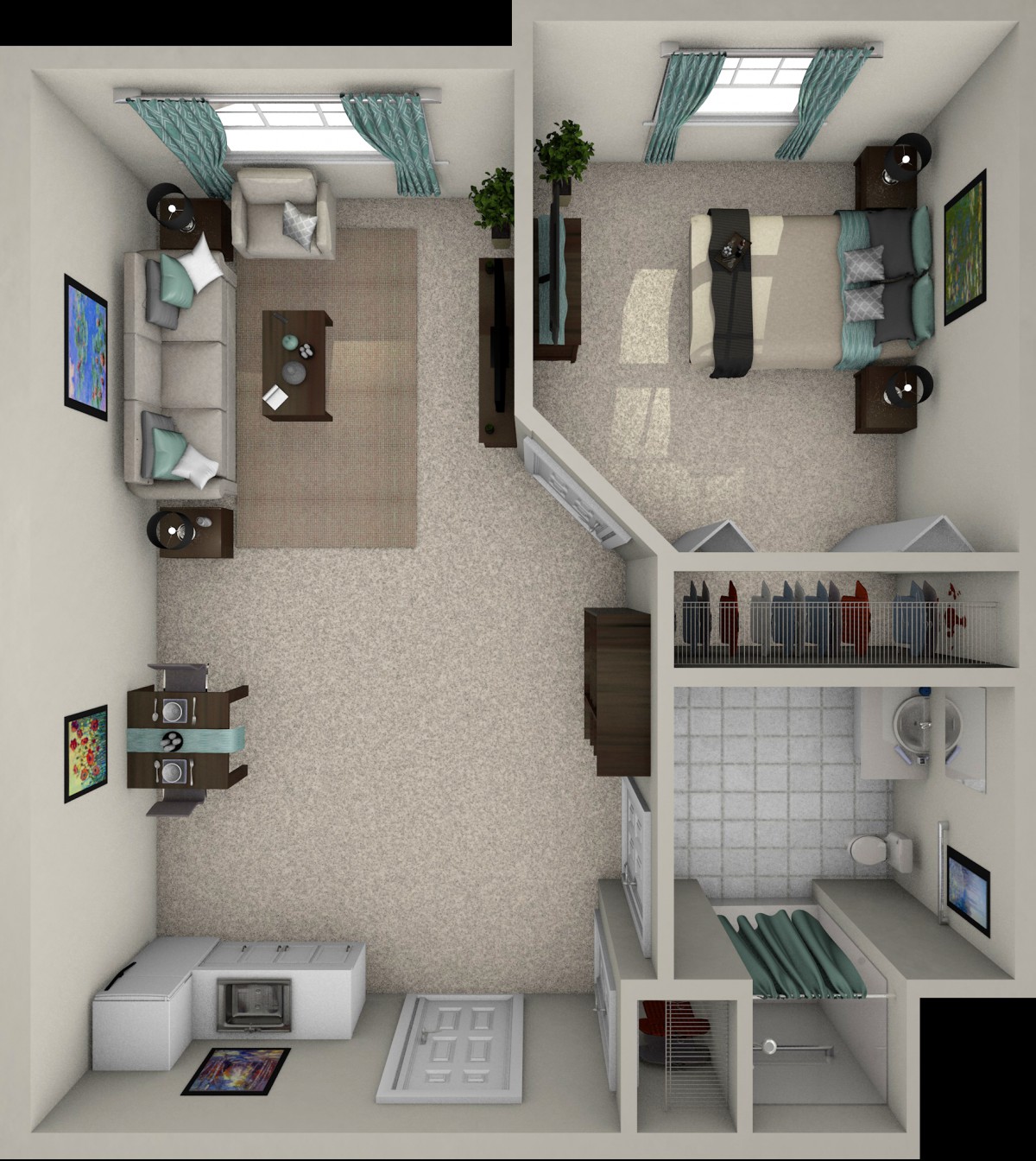 A 2D rendered floor plan of a modern apartment featuring a living room, kitchen, bedroom, and bathroom.