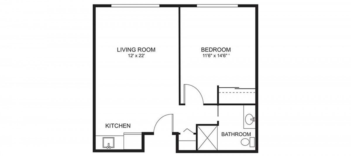 A floor plan of a one-bedroom apartment with living room, kitchen, and bathroom.