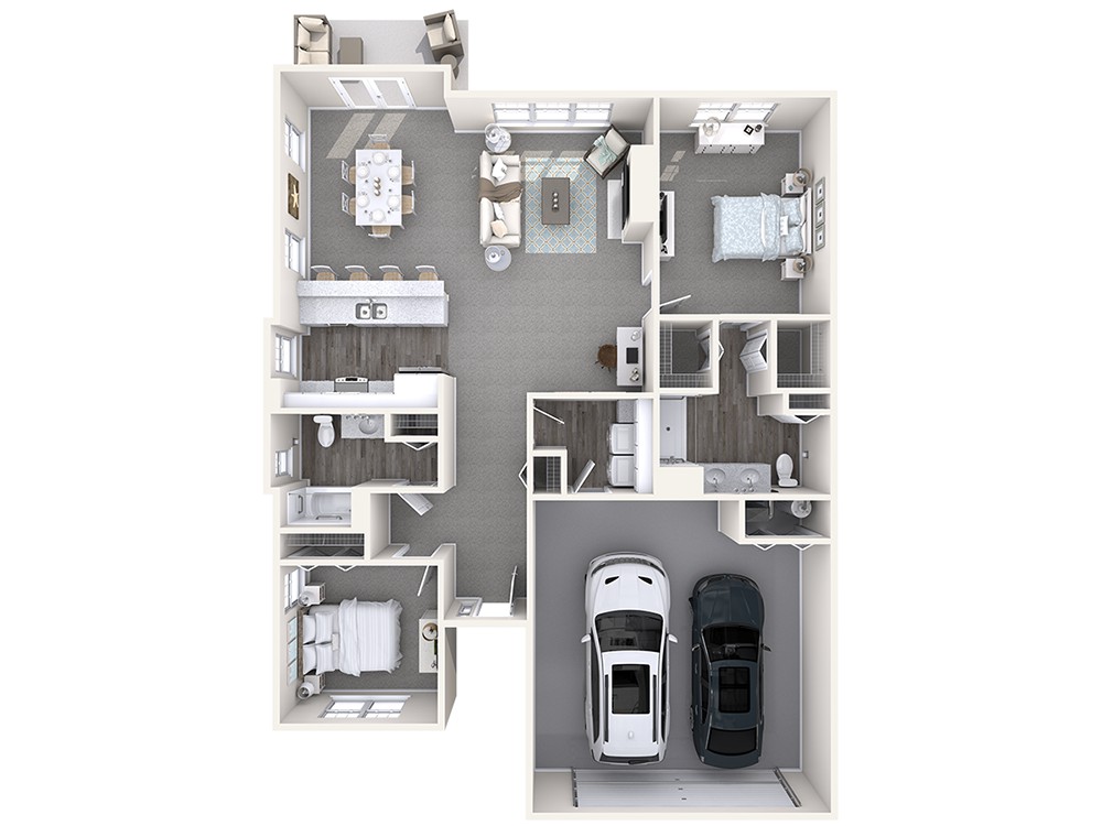 A detailed 3D floor plan of a residential home, showcasing the layout of rooms and garage space.