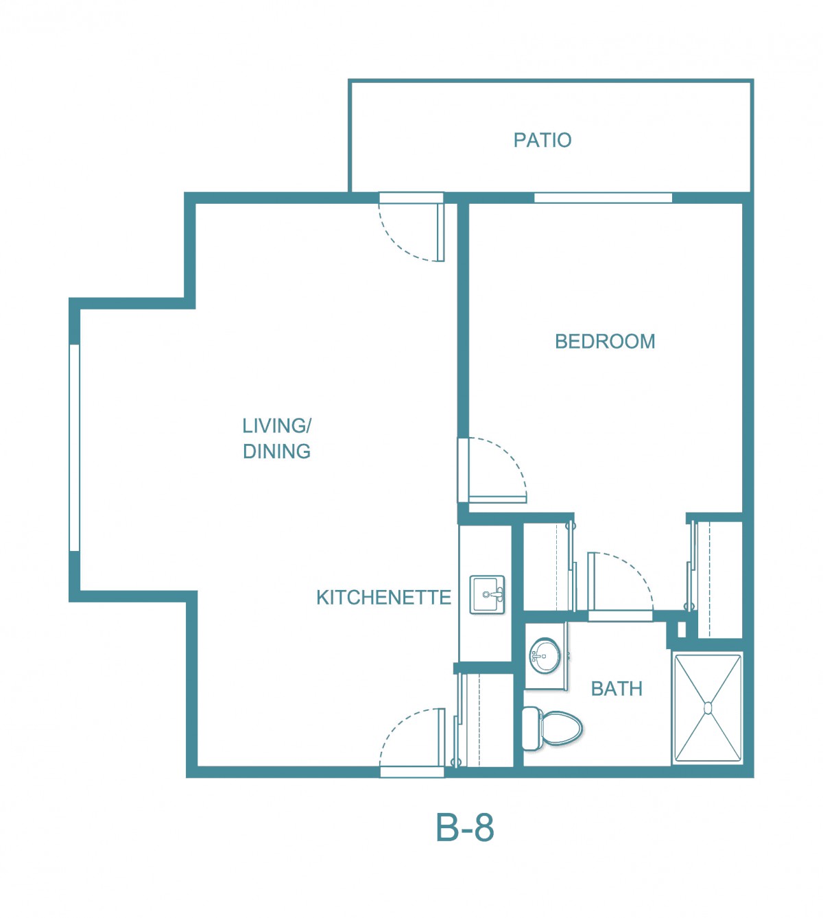 A floor plan of a one-bedroom apartment with a living/dining area, kitchenette, bathroom, and patio.