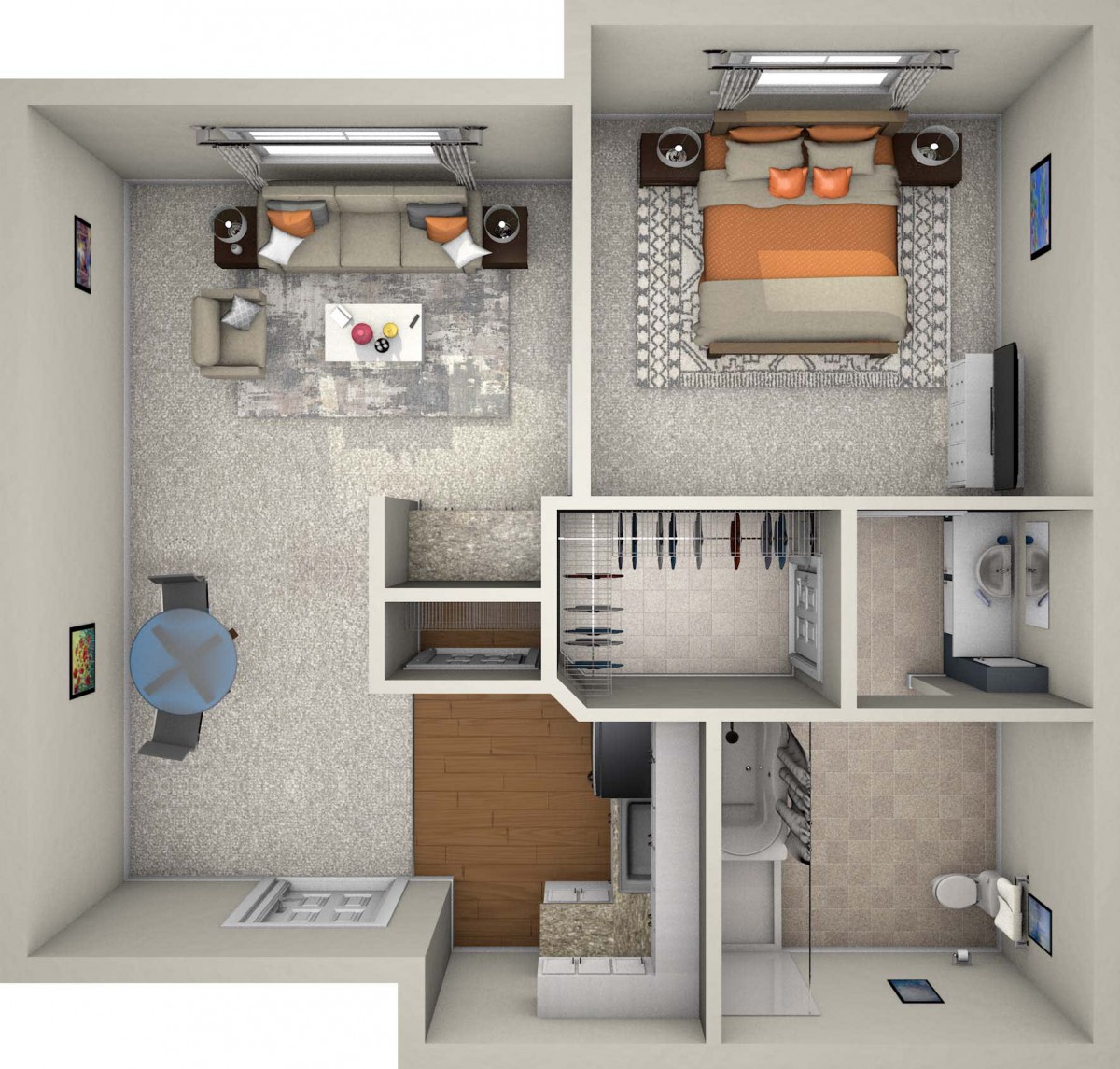A detailed 3D rendering of an apartment floor plan showcasing the layout and interior design.