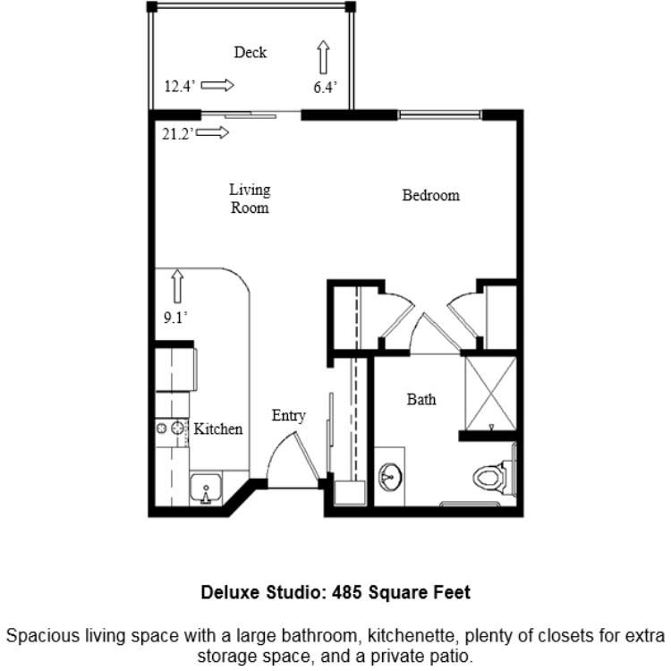 Deluxe Studio Floor Plan - 485 Square Feet with spacious living area, large bathroom, kitchenette, closets, and private patio.